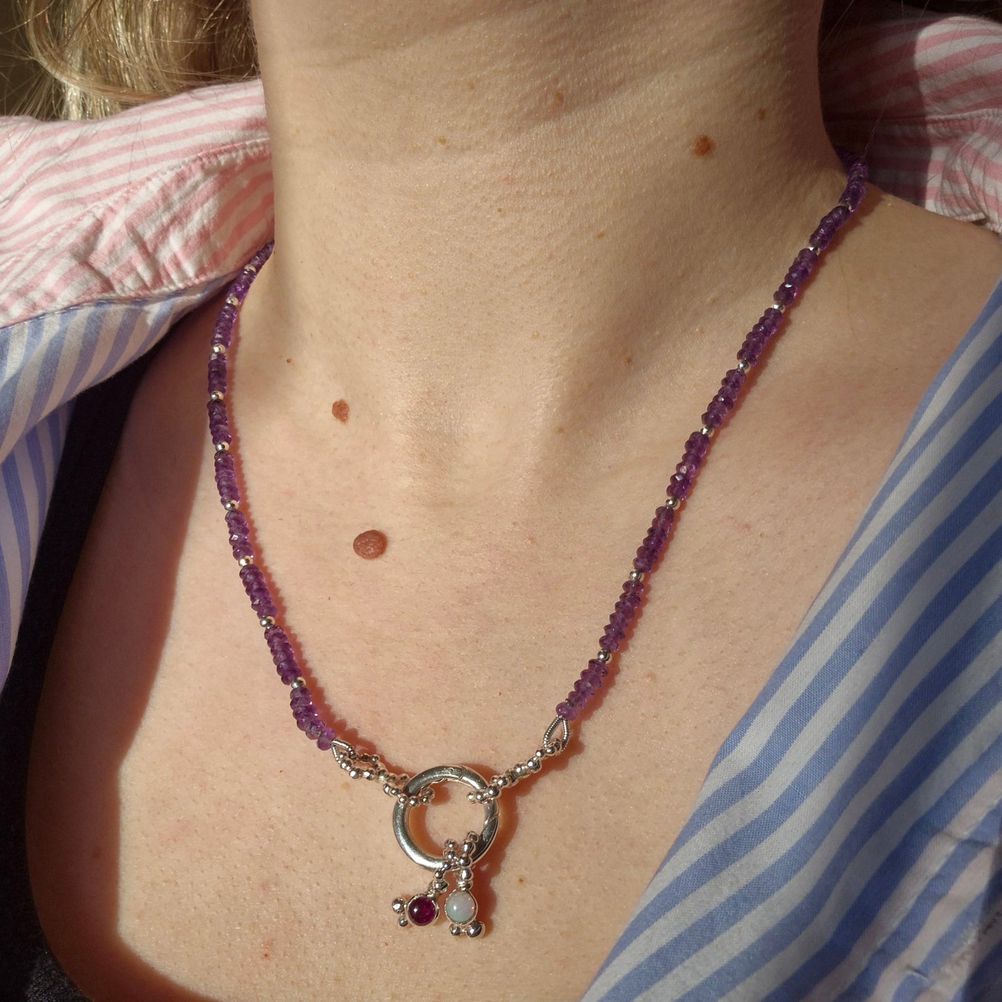 Amethyst and silver bead charm necklace